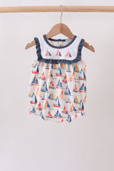 Blue Sailboat Embroidered Ruffle Bubble