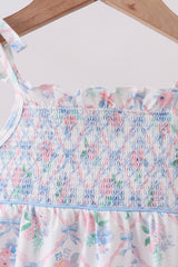 Blue Floral Smocked Bubble