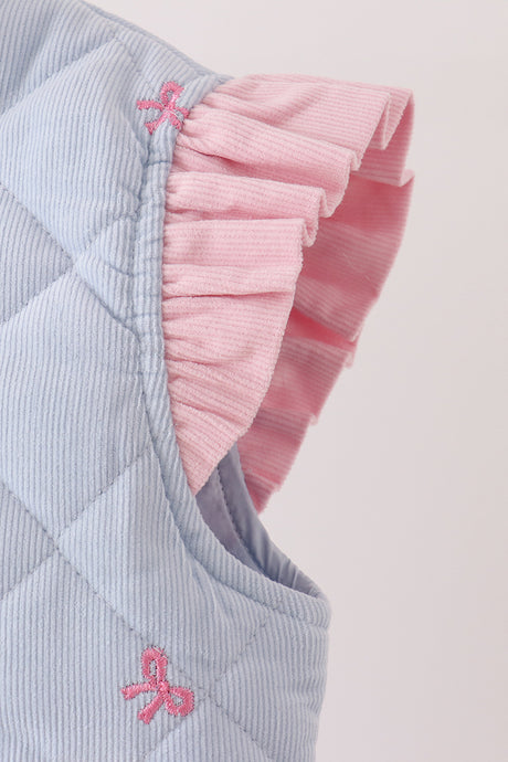 Blue corduroy bow embroidery ruffle vest