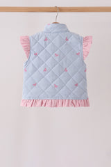 Blue corduroy bow embroidery ruffle vest