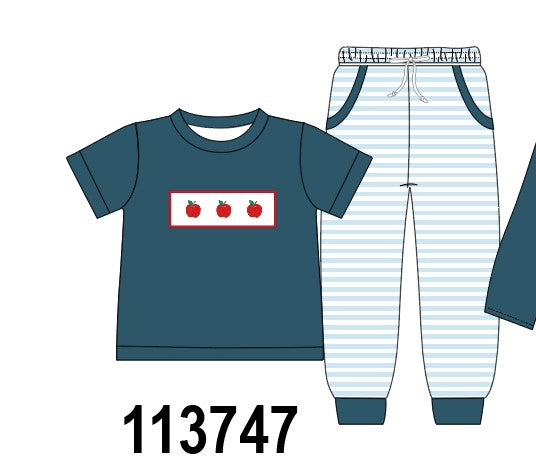 Teal Apple Embroidered Stripe Pants Set