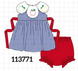 Navy Apple Embroidered Gingham Bloomer Set