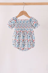 Blue floral smocked ruffle bubble