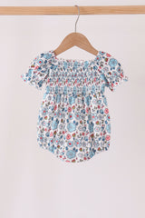 Blue floral smocked ruffle bubble