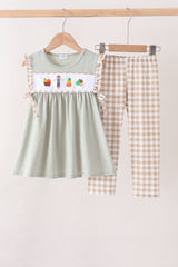 Green Scarecrow Embroidery Ruffle Pants Set