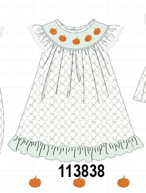 Sage pumpkin embroidery bow ruffle dress