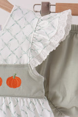 Sage pumpkin embroidery bow ruffle bloomer set