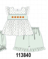Sage pumpkin embroidery bow ruffle shorts set