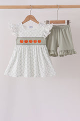Sage pumpkin embroidery bow ruffle shorts set