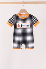 Black ghost spider embroidery gingham romper