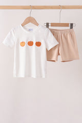 Khaki Pumpkin Embroidery Shorts Set