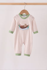 Khaki Puppy Fishing Gingham Romper