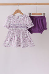 Purple floral smocked ruffle bloomer set