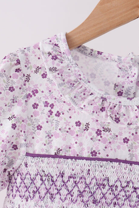 Purple floral smocked ruffle bloomer set