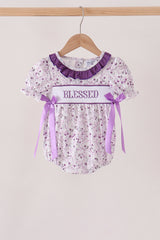 Purple floral blessed smocked ruffle bubble