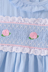 Blue Floral Smocked Lace Ruffle Dress