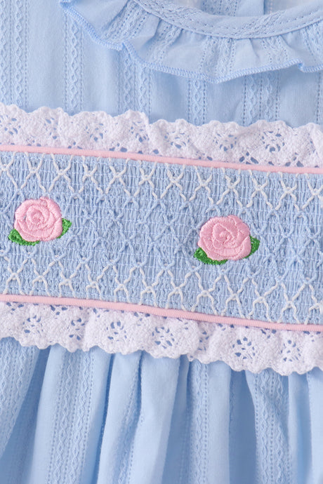 Blue Floral Smocked Lace Ruffle Dress