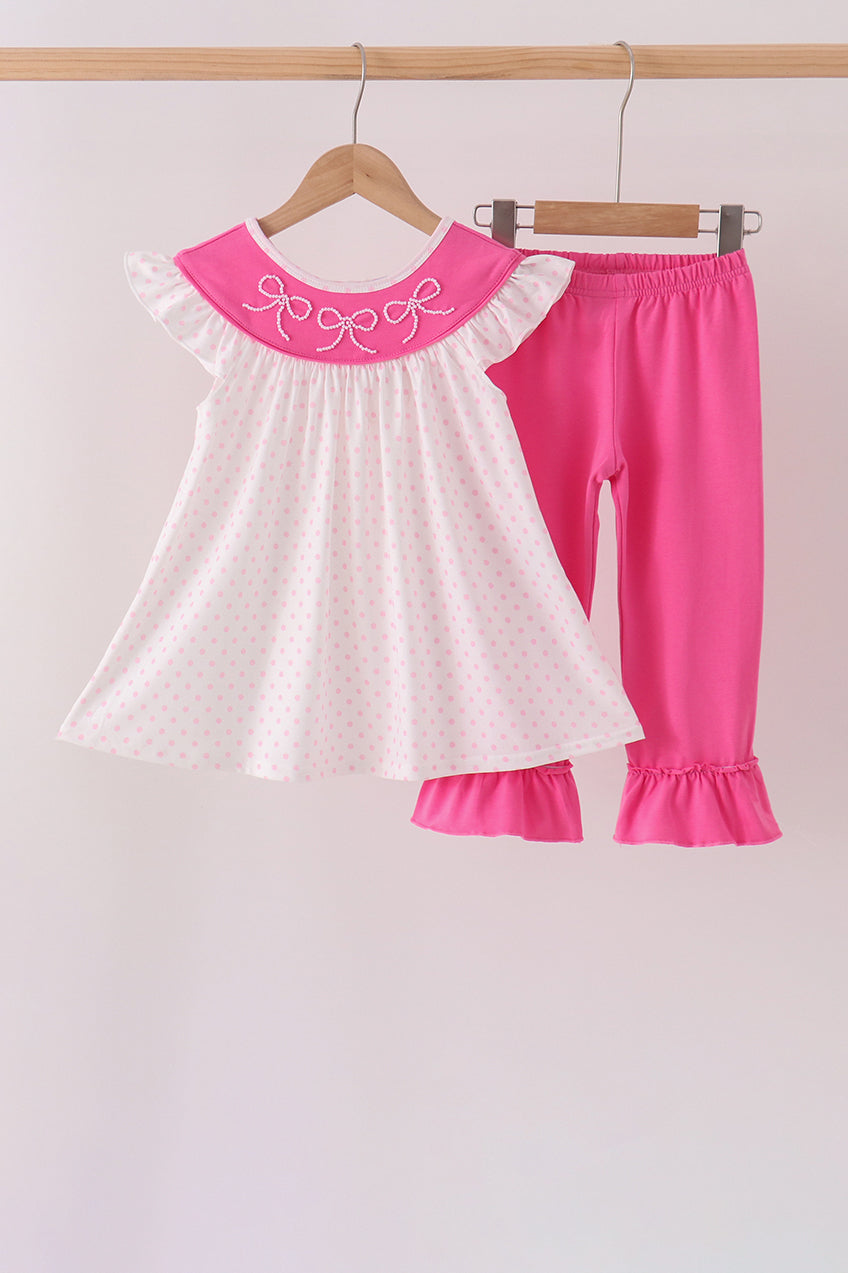 Pink bow pearl ruffle pants set