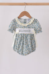 Sage Floral Blessed Smocked Ruffle Bubble