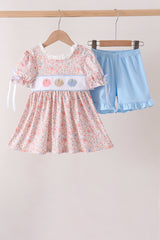 Pink Pumpkin Floral Embroidery Shorts Set