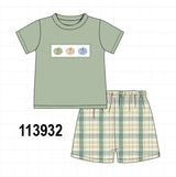 Green Pumpkin Embroidery Plaid Shorts Set