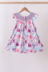 Purple Bow Embroidered Floral Scalloped Dress