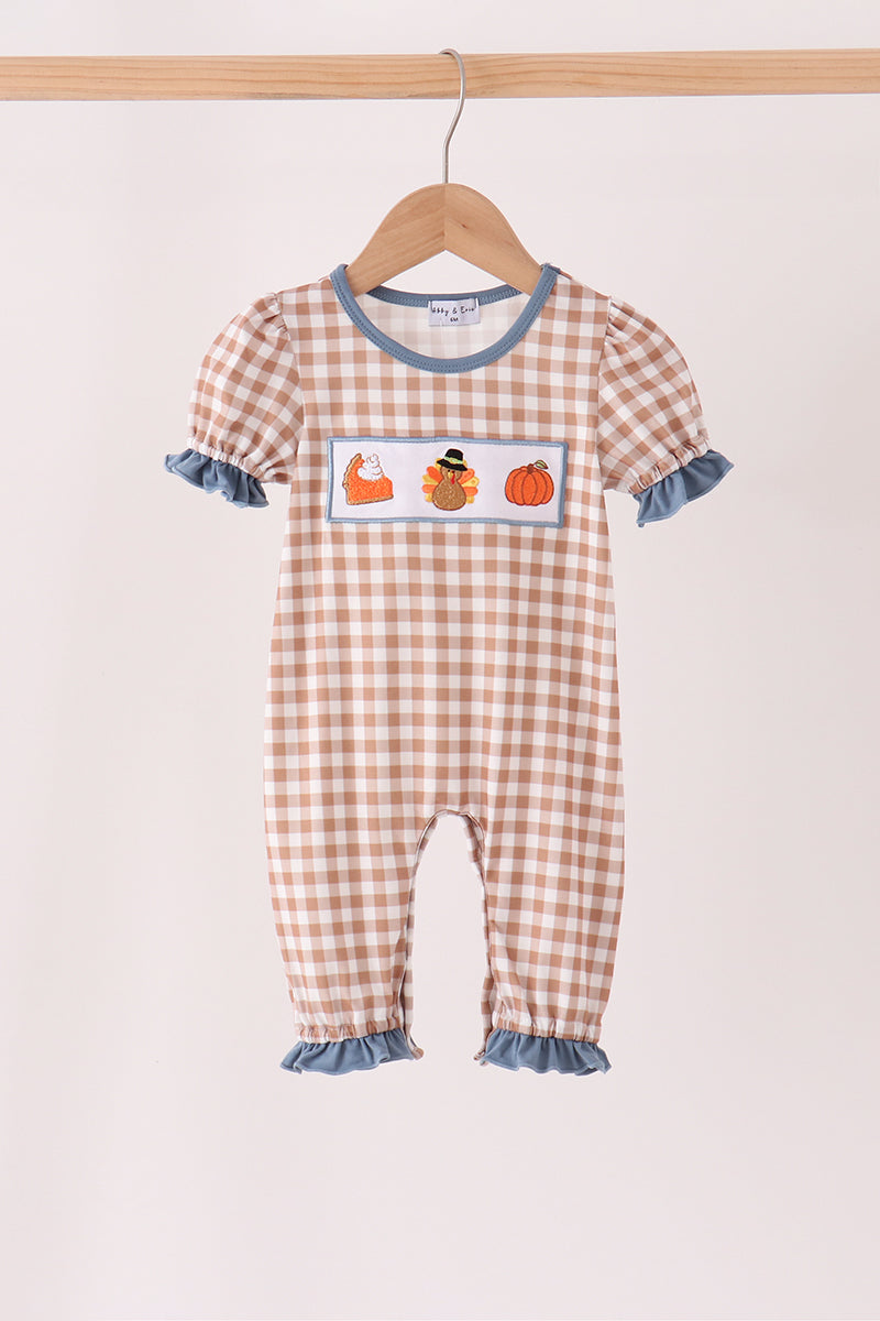 Brown turkey pumpkin embroidery gingham ruffle romper