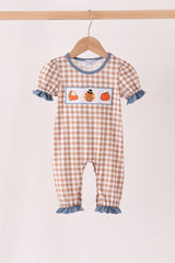 Brown turkey pumpkin embroidery gingham ruffle romper