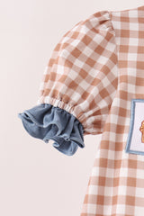 Brown turkey pumpkin embroidery gingham ruffle romper