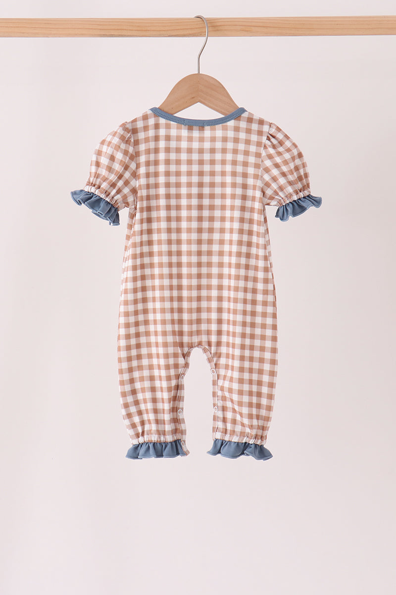 Brown turkey pumpkin embroidery gingham ruffle romper