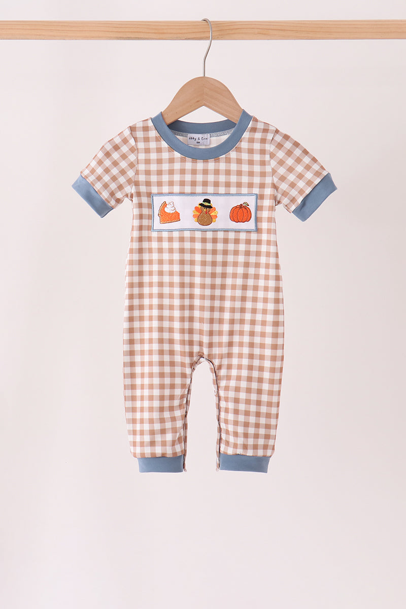 Brown turkey pumpkin embroidery gingham romper