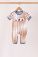 Brown turkey pumpkin embroidery gingham romper