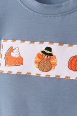 Blue turkey pumpkin embroidery gingham pants set
