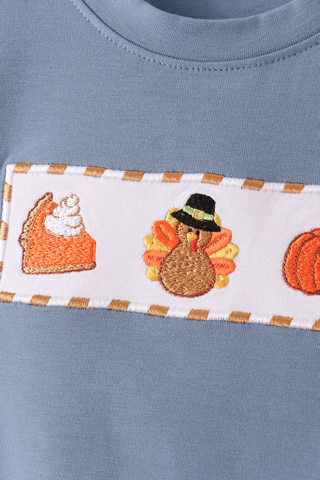 Blue turkey pumpkin embroidery gingham pants set