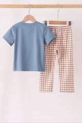 Blue turkey pumpkin embroidery gingham pants set