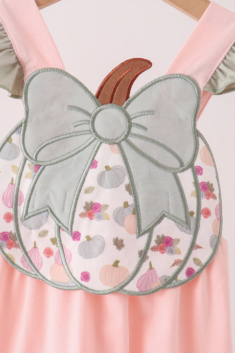 Pink pumpkin bow applique ruffle romper