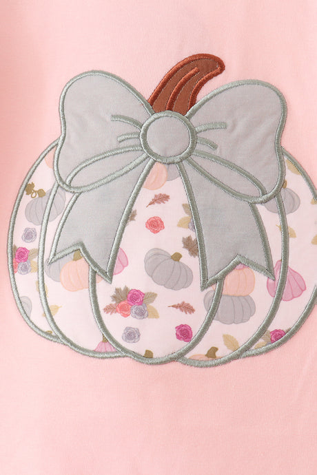Pink pumpkin bow applique ruffle pants set