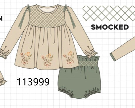 Khaki floral smocked bloomer set