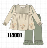 Khaki floral smocked ruffle pants set