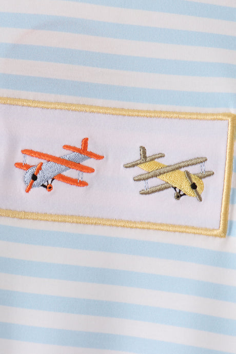 Blue airplane embroidery stripe romper