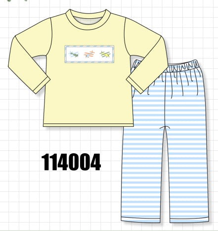 Blue airplane embroidery stripe pants set