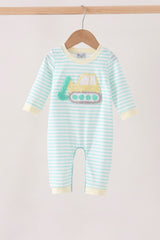 Green excavator french knot stripe romper