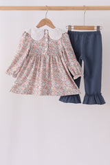 Floral smocked lace ruffle pants set