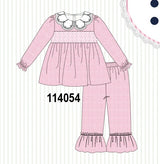 Pink corduroy lace smocked ruffle pants set