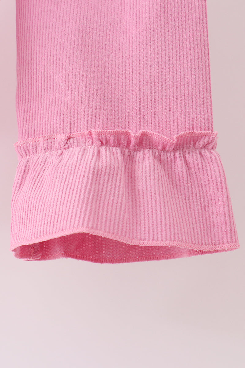 Pink corduroy lace smocked ruffle pants set