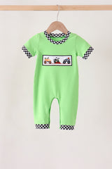 Green car embroidery checkered romper
