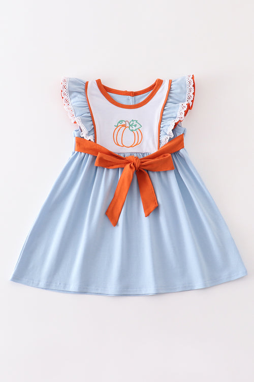 Blue pumpkin embroidery ruffle dress