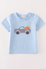 Blue pumpkin truck applique boy top