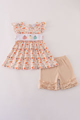 Beige french knot ruffle shorts set