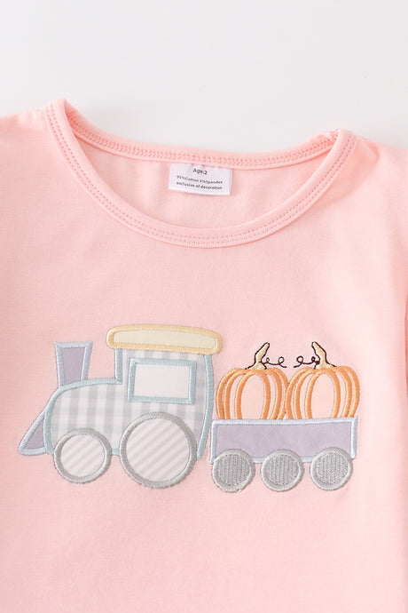 Beige train pumpkin applique girl set